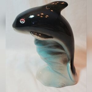 Black White Vtg Ceramic Dolphin Orca On Waves Figurine Handcrafted MCS Brazil